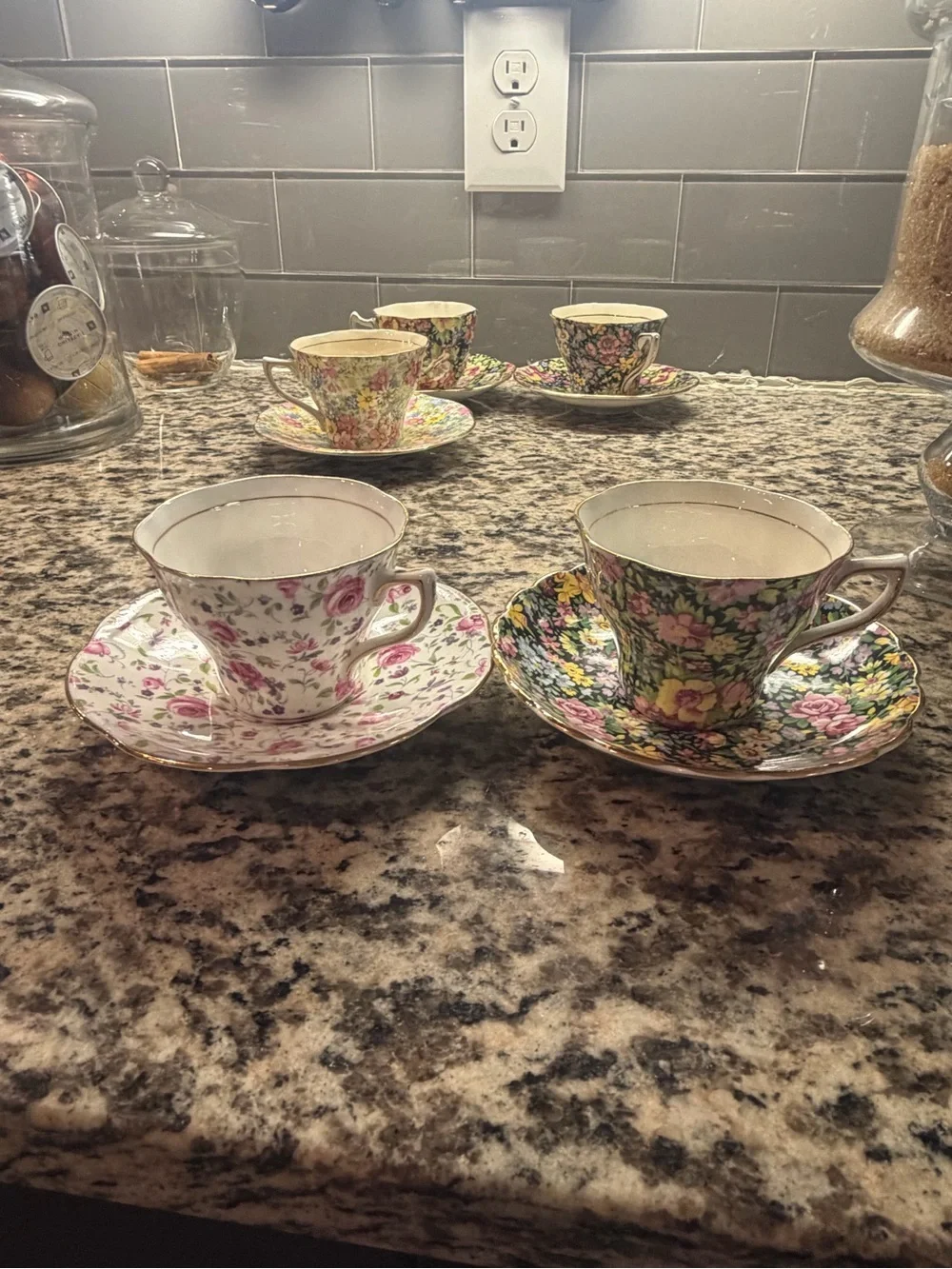 🌺 Five Vintage Rosina Bone China Tea Cup and Saucer Pink Floral Gold Rim